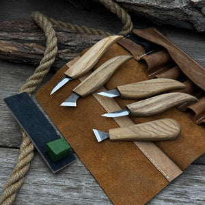 5-Piece Wood Carving Knife Set with Sharpening Board & Leather Case detail view by Sharky Forged Steel Tools