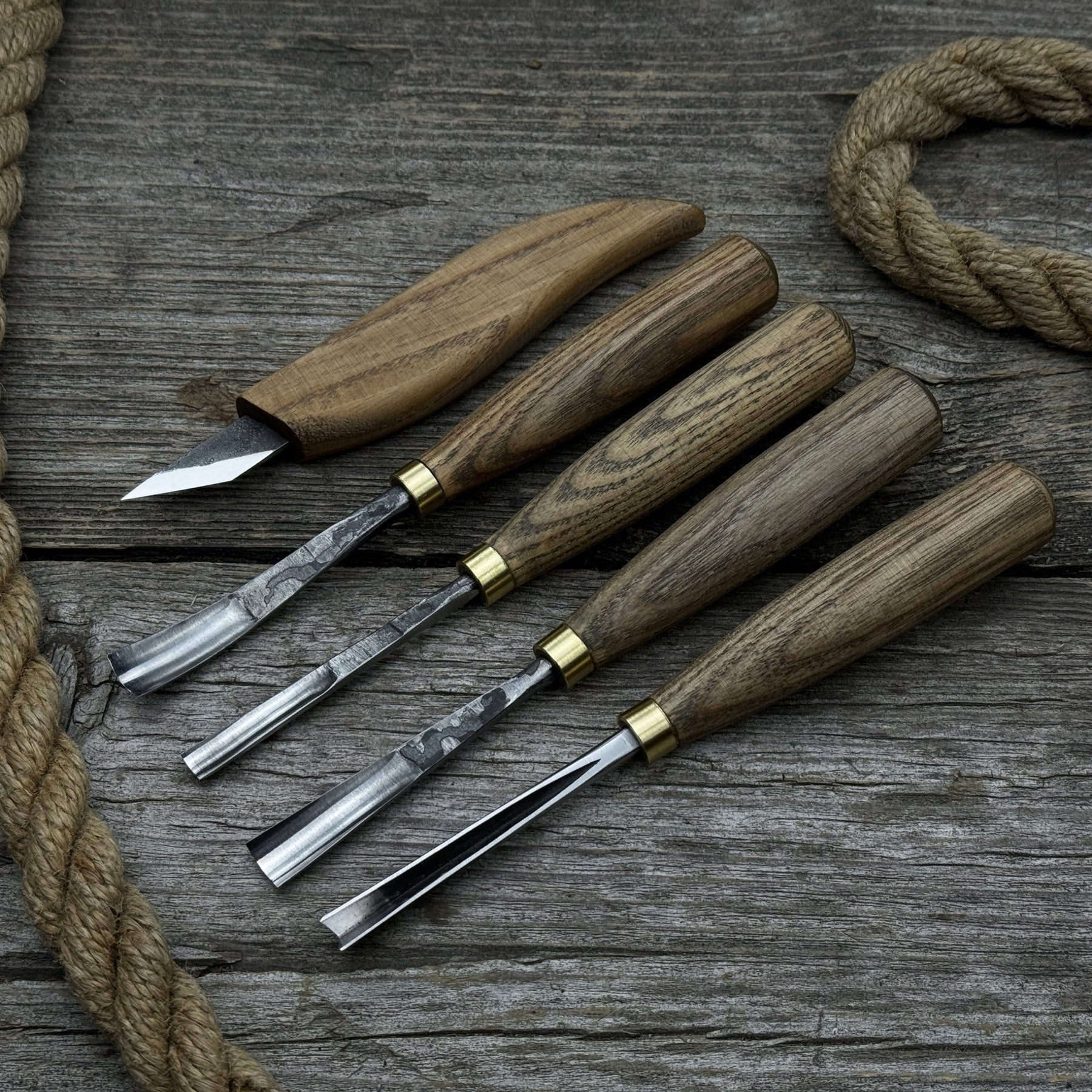 5-Piece Wood Carving Set – Whittling Knife & Gouges detail view by Sharky Forged Steel Tools