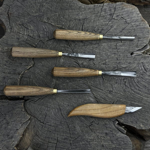 5-Piece Wood Carving Set – Whittling Knife & Gouges detail view by Sharky Forged Steel Tools