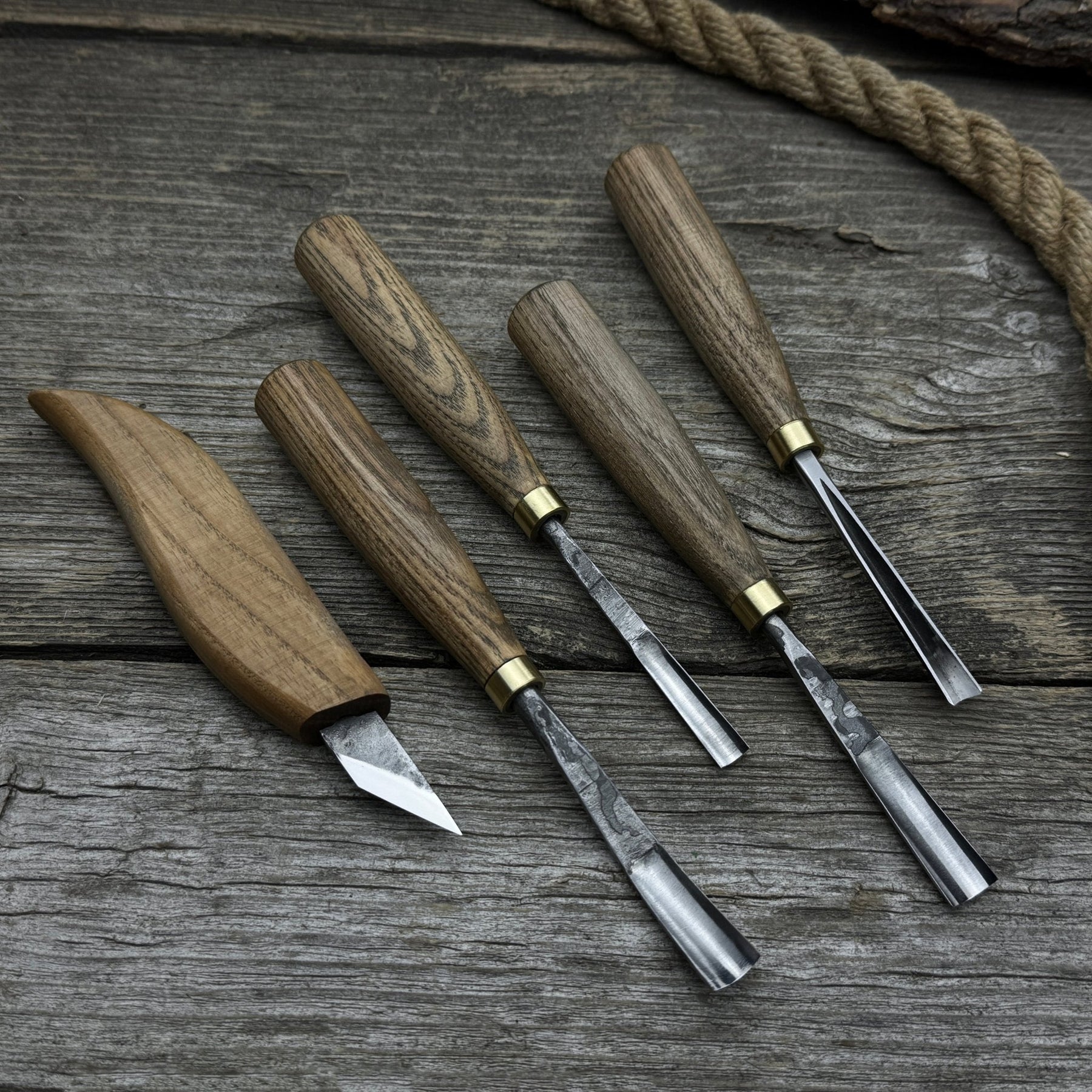 5-Piece Wood Carving Set – Whittling Knife & Gouges detail view by Sharky Forged Steel Tools