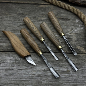 5-Piece Wood Carving Set – Whittling Knife & Gouges detail view by Sharky Forged Steel Tools
