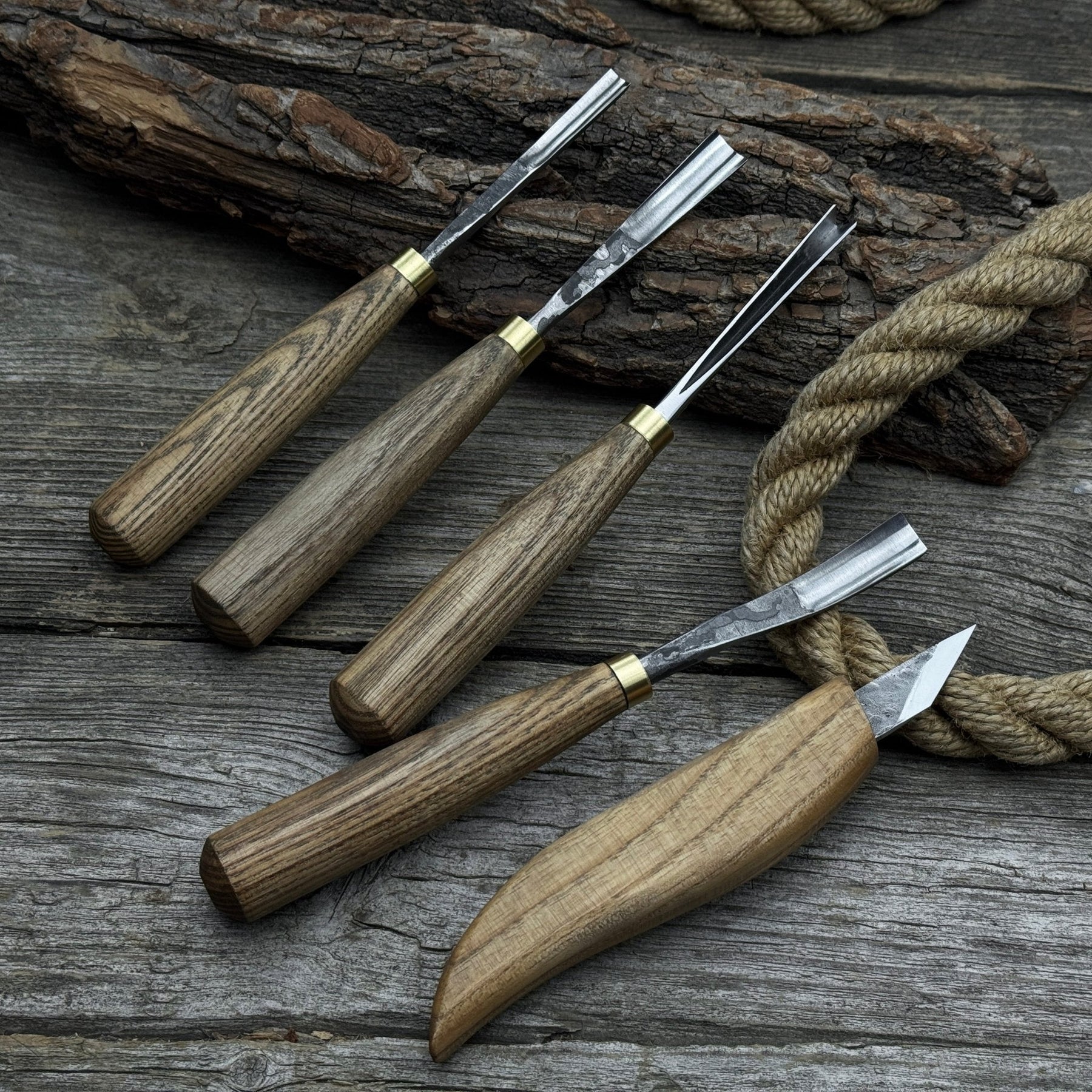 5-Piece Wood Carving Set – Whittling Knife & Gouges detail view by Sharky Forged Steel Tools