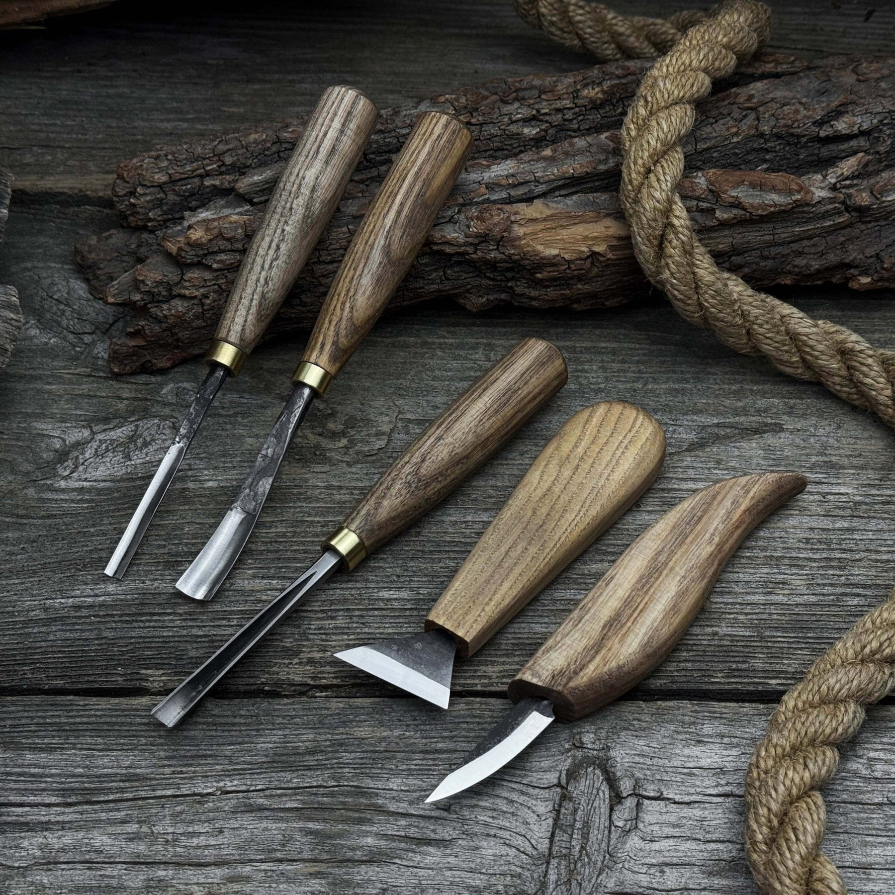 5-Piece Wood Carving Tool Set – Carving Knives, Chisels & Gouges detail view by Sharky Forged Steel Tools