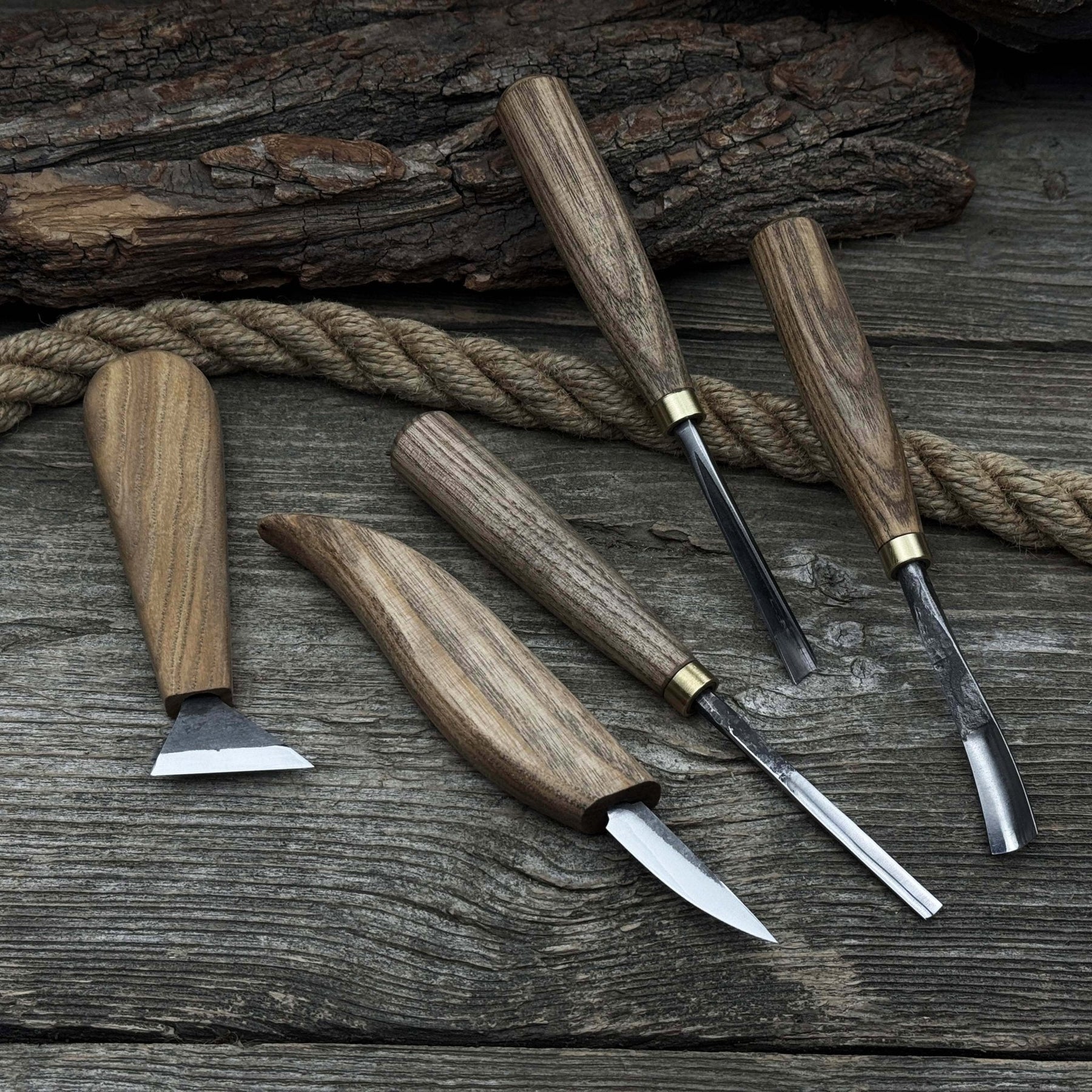 5-Piece Wood Carving Tool Set – Carving Knives, Chisels & Gouges detail view by Sharky Forged Steel Tools