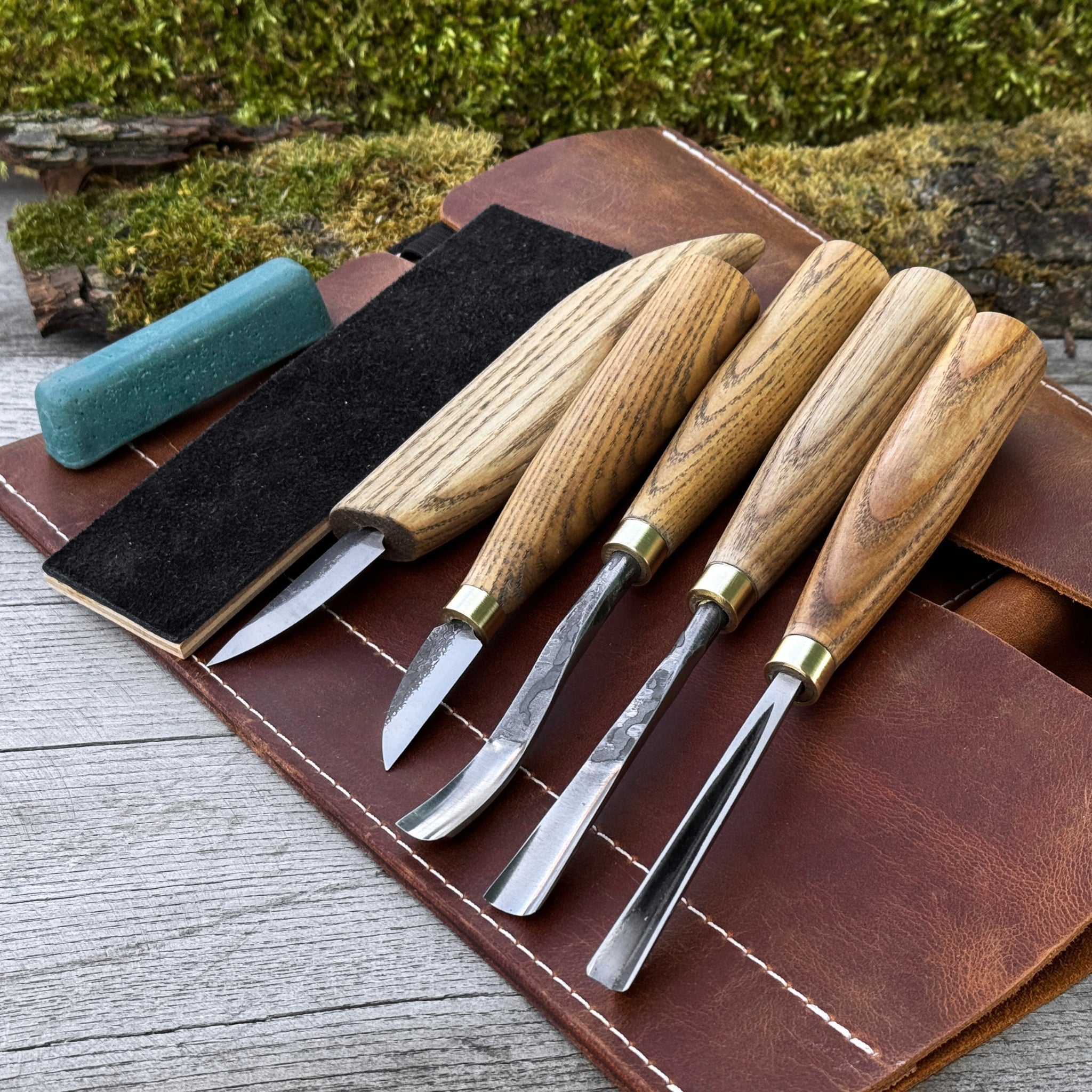 5-Piece Wood Carving Tool Set with Sharpening Board & Leather Case by Sharky Forged Steel Tools