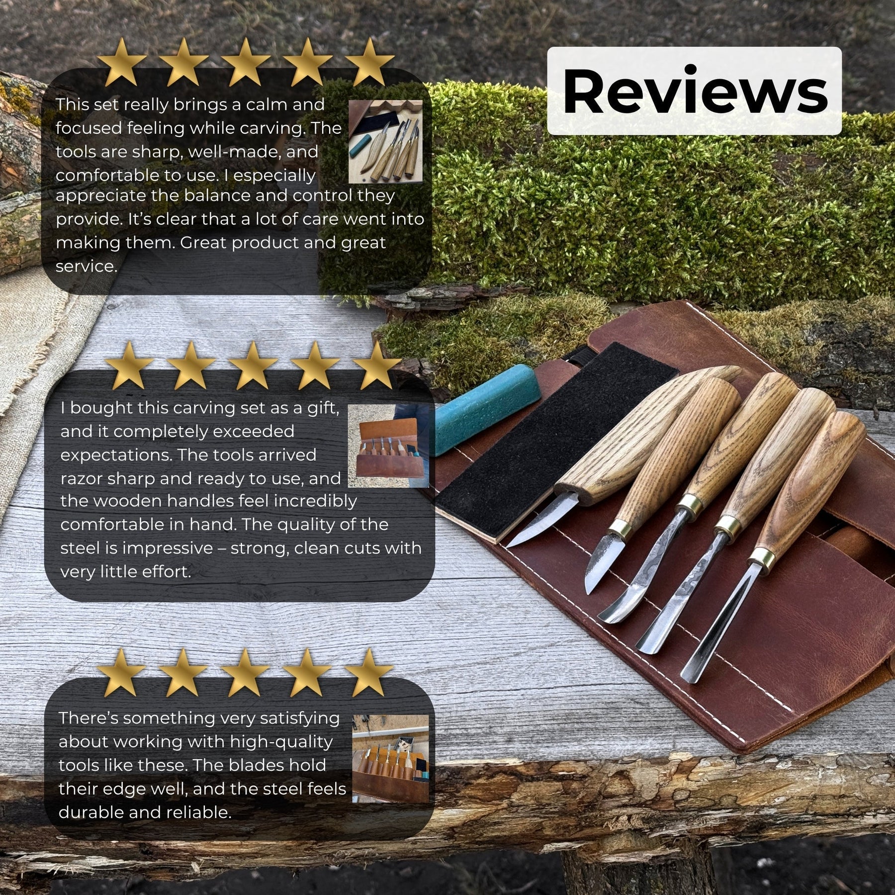 5-Piece Wood Carving Tool Set with Sharpening Board & Leather Case detail view by Sharky Forged Steel Tools