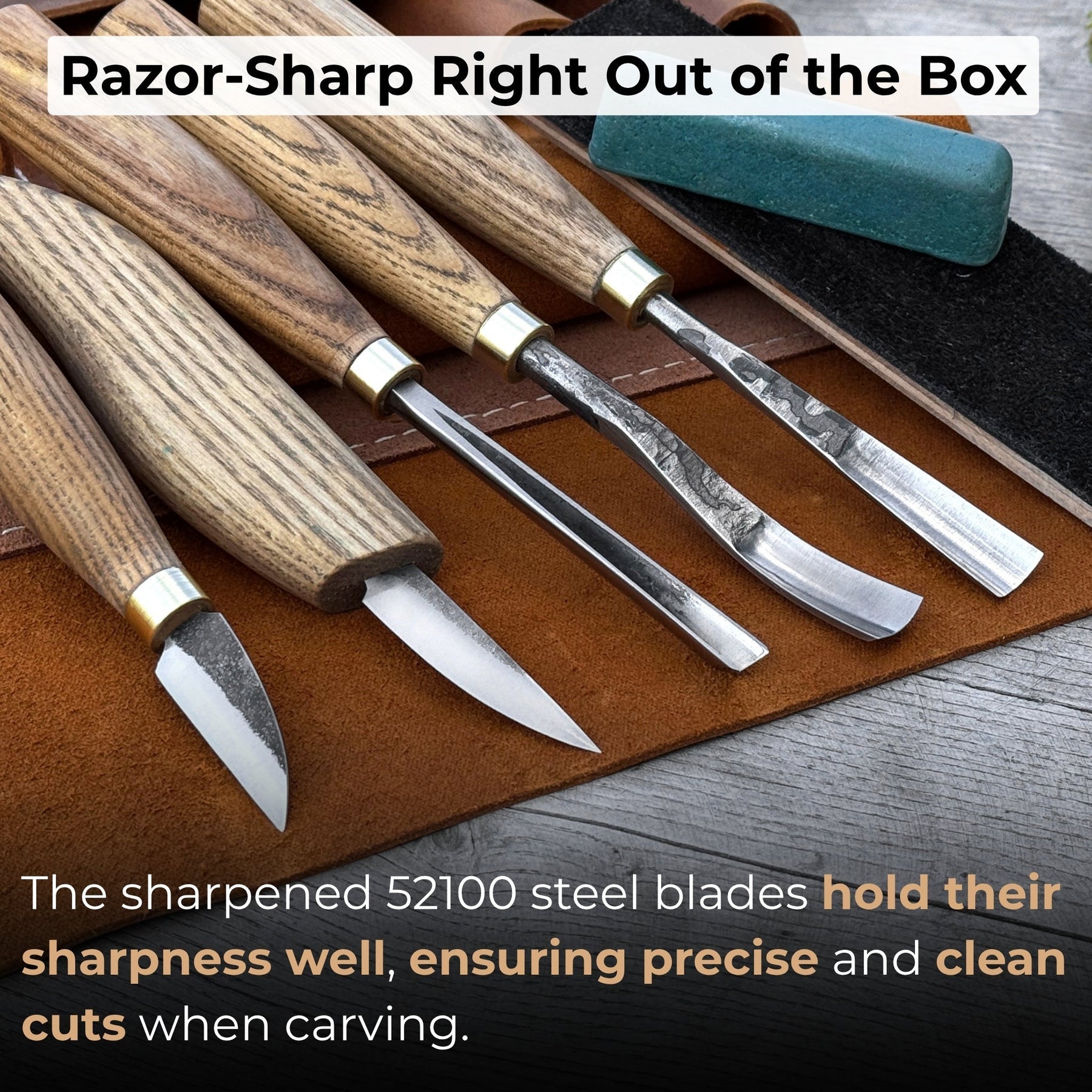 5-Piece Wood Carving Tool Set with Sharpening Board & Leather Case detail view by Sharky Forged Steel Tools