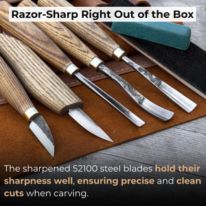 5-Piece Wood Carving Tool Set with Sharpening Board & Leather Case detail view by Sharky Forged Steel Tools