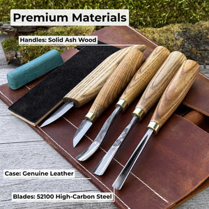 5-Piece Wood Carving Tool Set with Sharpening Board & Leather Case detail view by Sharky Forged Steel Tools