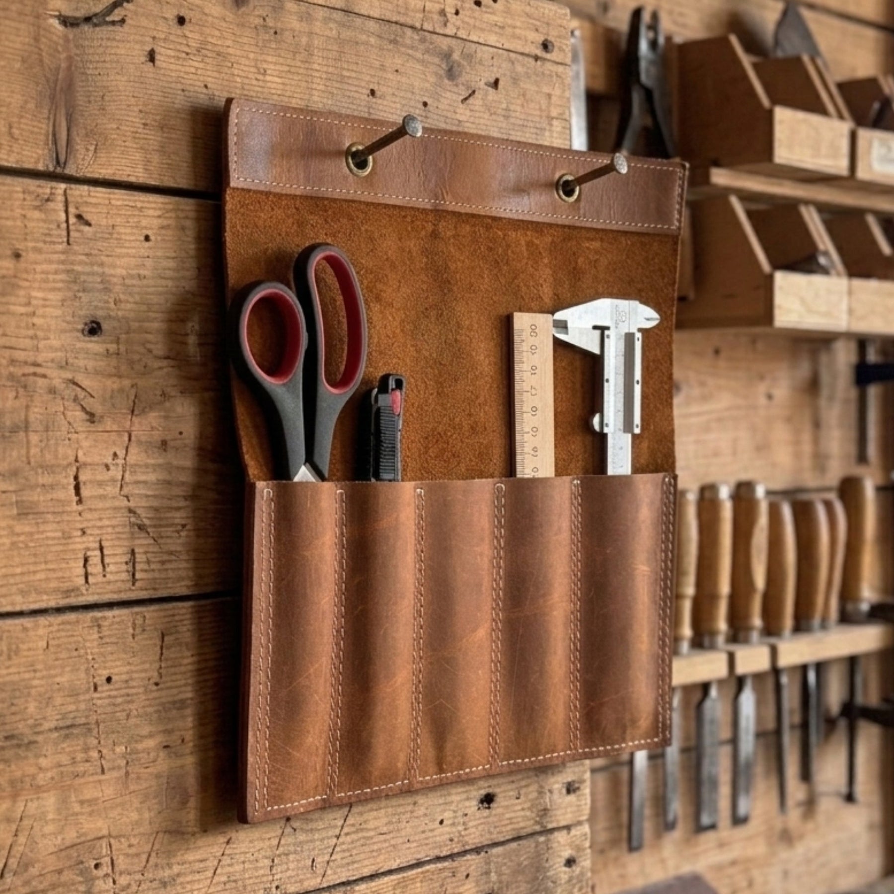 5 Pocket Leather Chisel Roll detail view by Sharky Forged Steel Tools