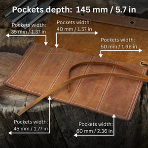 5 Pocket Leather Chisel Roll detail view by Sharky Forged Steel Tools