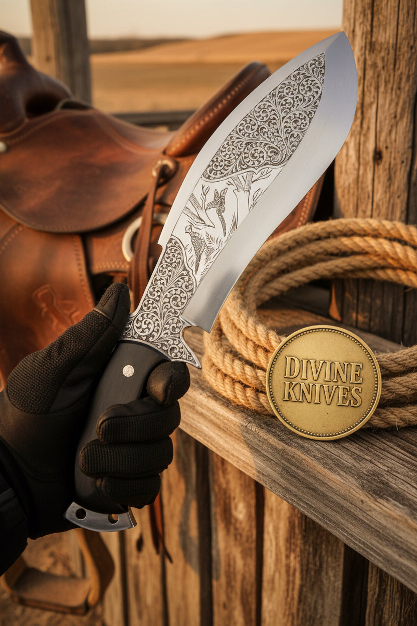 Etched Dragon Kukri with Forward Curved Blade by Divine Knives