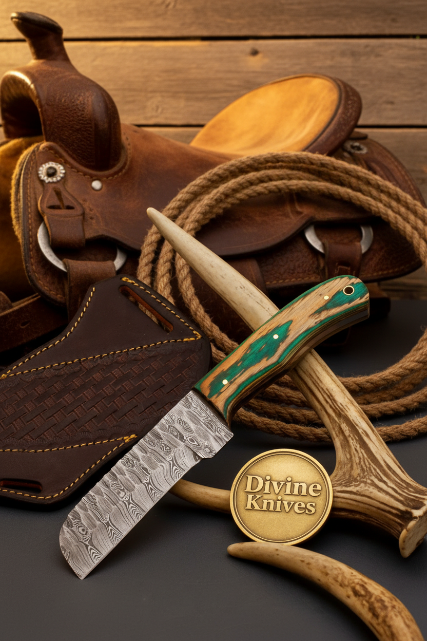 Wawona Cowboy Bull Cutter Knife with Squared Damascus Blade detail view by Divine Knives