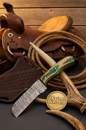 Wawona Cowboy Bull Cutter Knife with Squared Damascus Blade detail view by Divine Knives