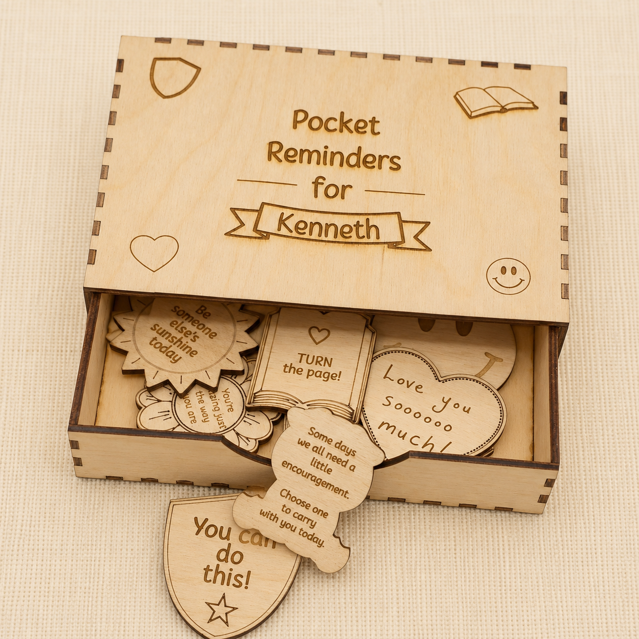 Personalized Wood Pocket Reminders, Custom Engraved Box, Handwriting Keepsake, Back to School Gift