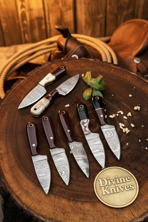 Bulk Damascus Skinner Knife Collection – 10 Assorted Handles detail view by Divine Knives
