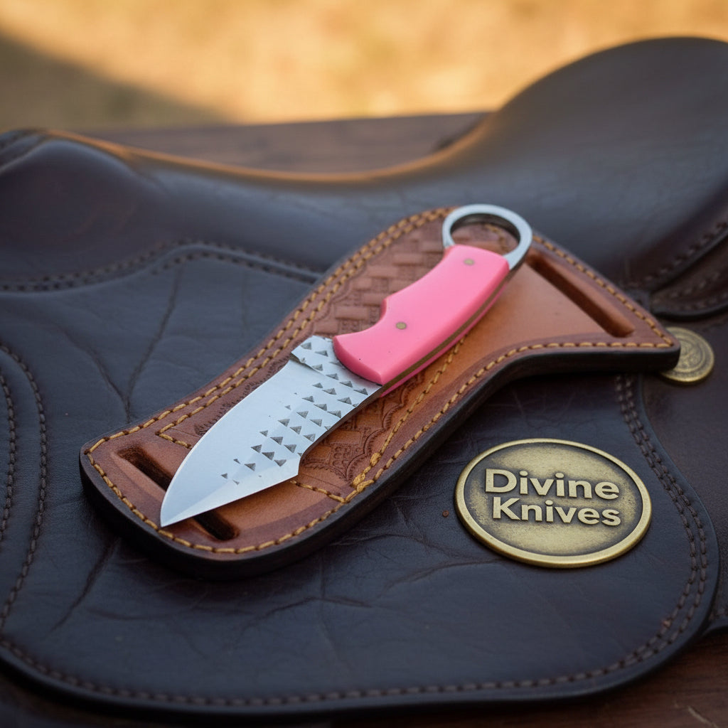 Pink Resin Rasp Ring Skinner Knife with Rasp product detail, view 2