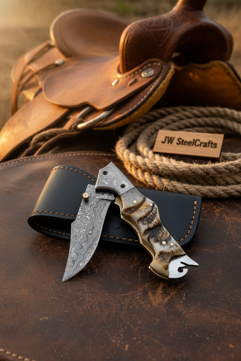 Damascus Grizzly Claw Pocket Knife with Stag by Divine Knives