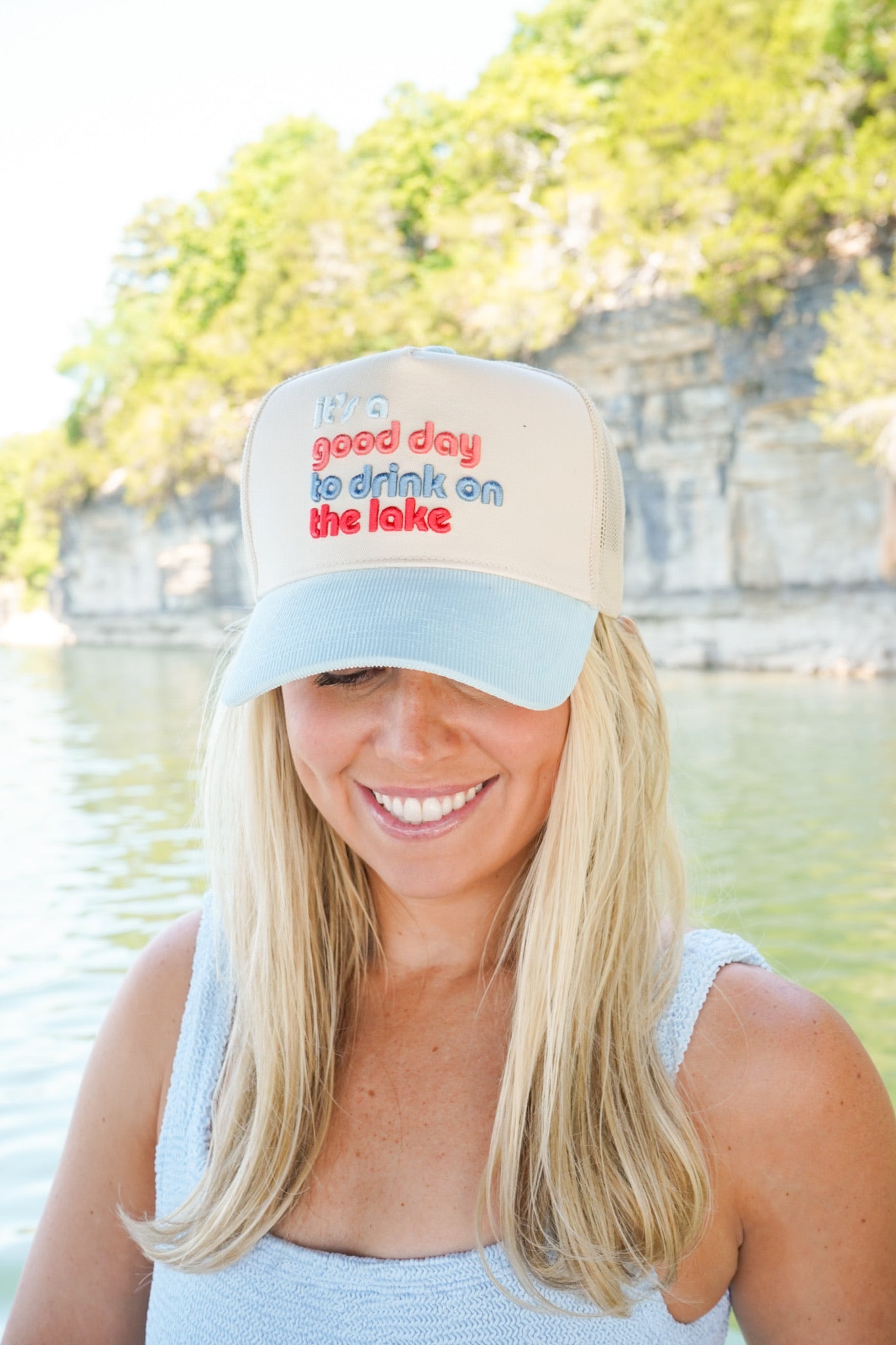 Good Day to Drink on the Lake - Baby Blue Corduroy Hat by KenzKustomz — product view 1