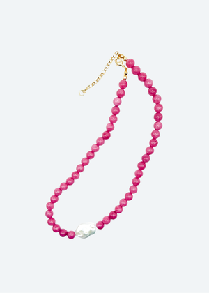 The Naples Strawberry Pink Beaded Pearl Necklace detail view by London Crafted