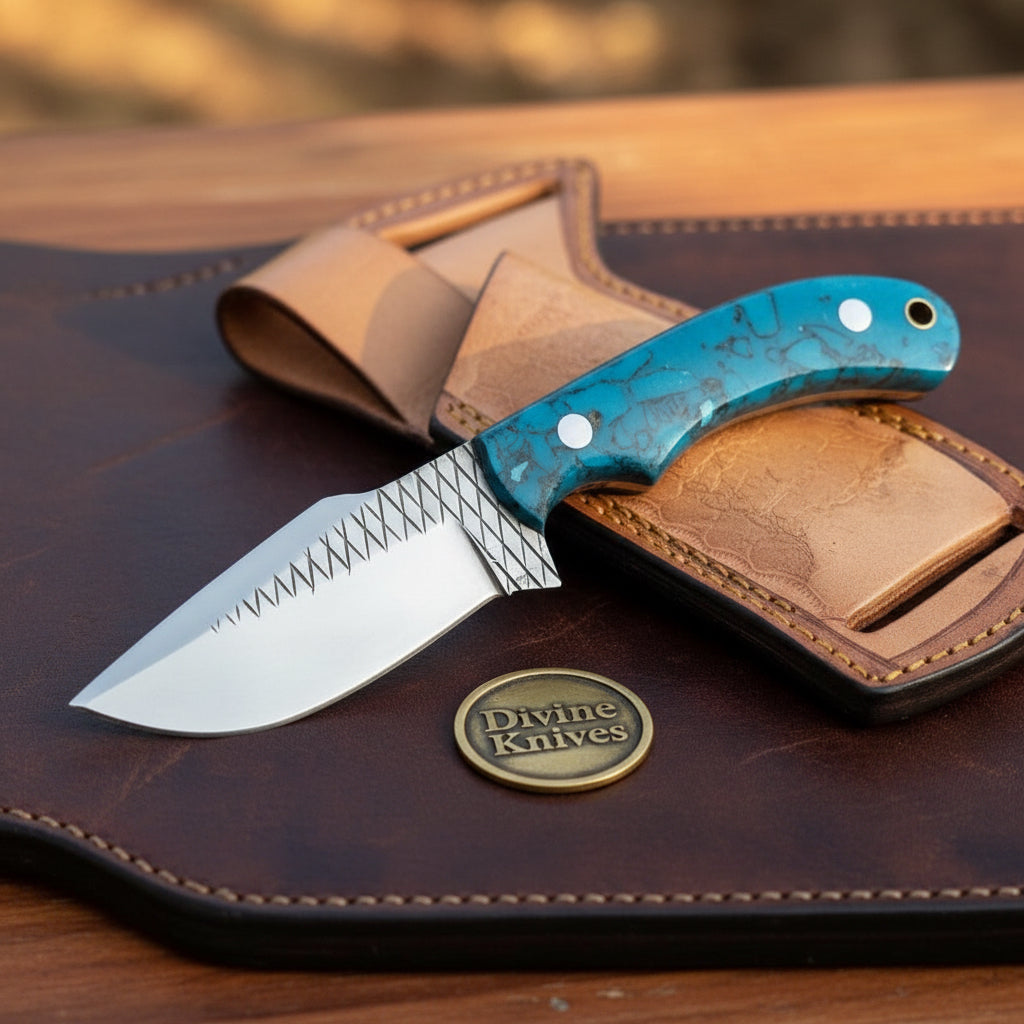 Turquoise Marble Rasp Cowboy Knife with product detail, view 5
