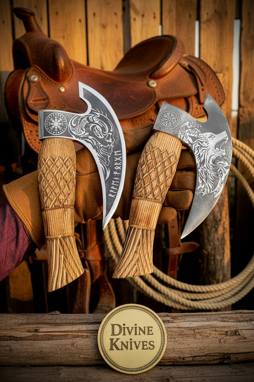 Norse Engraved Pizza Axe Pair with Skull and Wolf Heads by Divine Knives