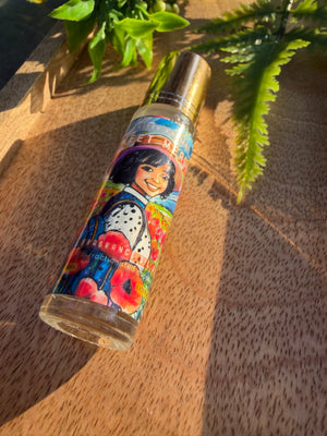 Detail view of Kitty Karma Studio Sweet Meadow perfume roller packaging