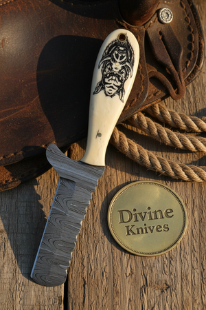 Scrimshaw Camel Bone Bull Cutter with Hand Engraved Bone Handle detail view by Divine Knives