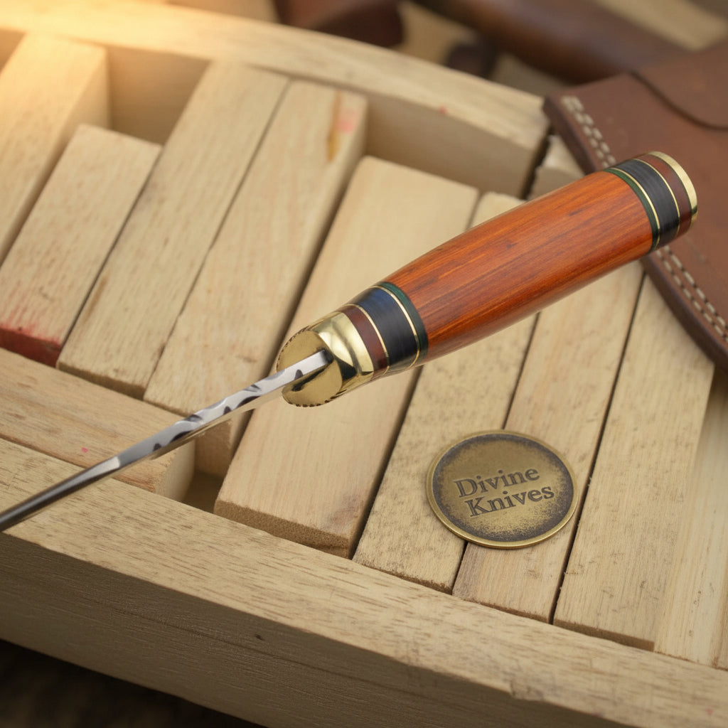 Colorful Spacer Ring Damascus Knife with Natural Tan Wood Handle detail view by Divine Knives
