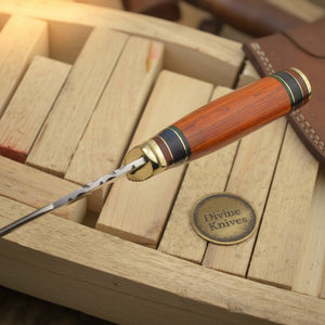 Colorful Spacer Ring Damascus Knife with Natural Tan Wood Handle detail view by Divine Knives