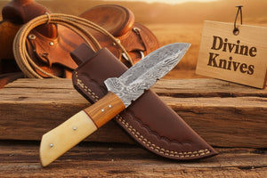 Bone and Wood Accent Damascus Knife Built for Field Dressing detail view by Divine Knives