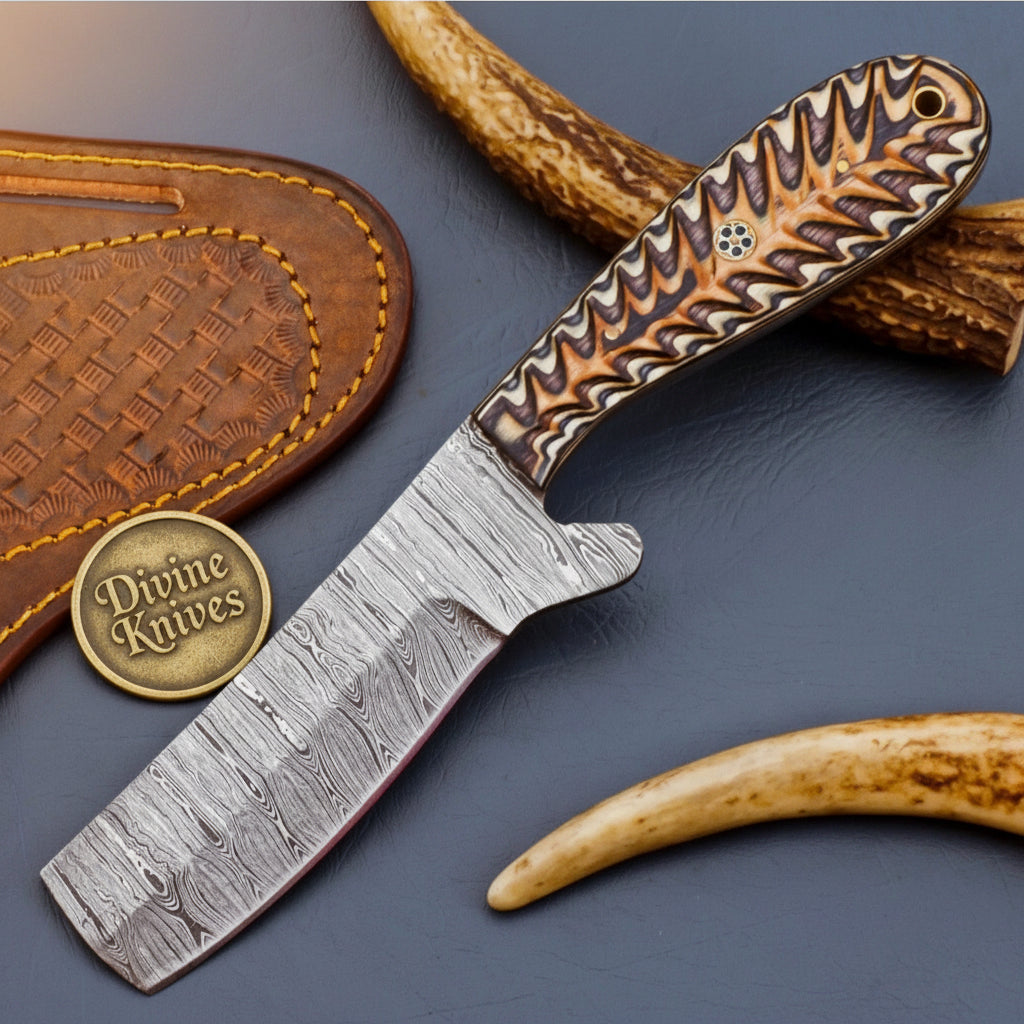 Orange Pinecone Damascus Bull Cutter for Ranch Work