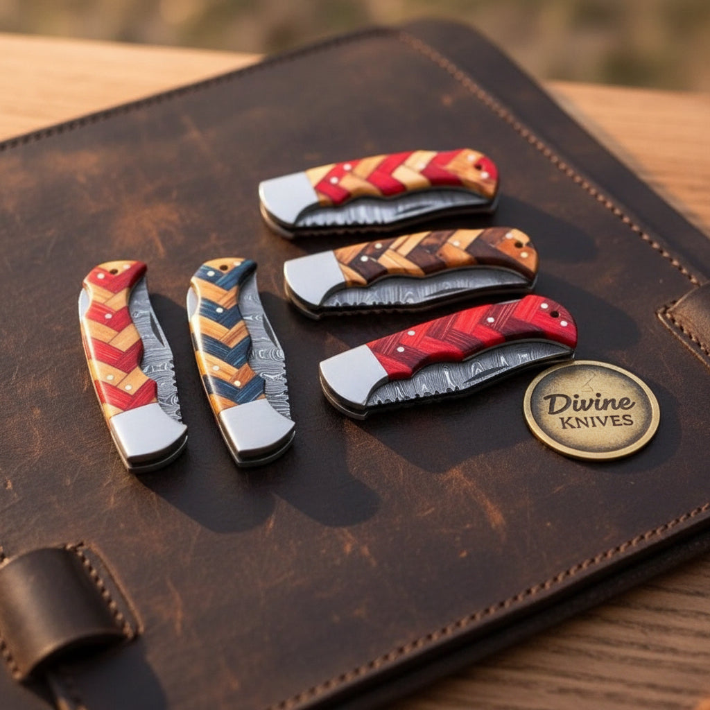 Damascus Chevron Wood Pocket Knife Set for Everyday Carry detail view by Divine Knives