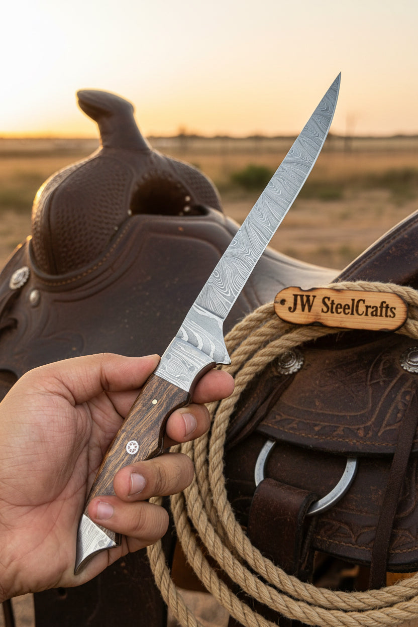 Handmade 13 Inch Overall Damascus Steel Fillet Knife – Full Tang Fishing Knife with Hardwood Handle and Leather Sheath.
