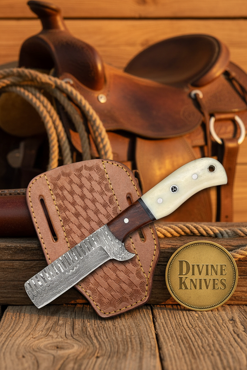 Bone and Wood Bull Cutter Knife with Wood Grain Damascus Blade detail view by Divine Knives