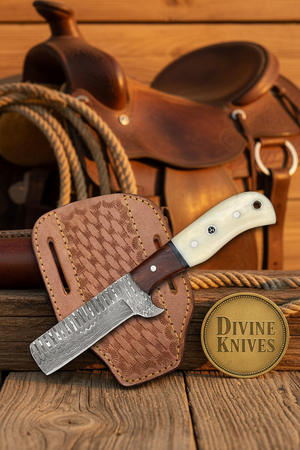 Bone and Wood Bull Cutter Knife with Wood Grain Damascus Blade detail view by Divine Knives