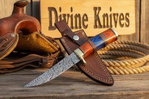 Multi Color Wood Damascus Knife with Brass Bolster Detailing by Divine Knives