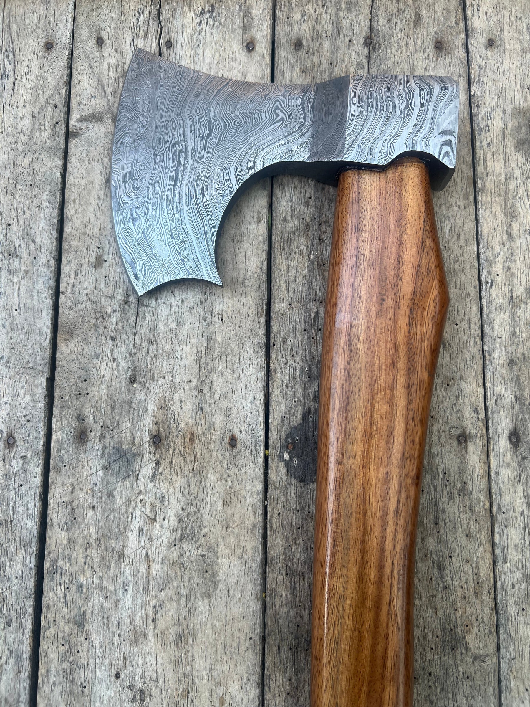 Damascus Viking Bearded Hatchet with Bare Wood Haft by Divine Knives