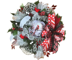 Cardinal Christmas Wreath | Red Plaid Winter Door Decor handmade by Bouge Creations
