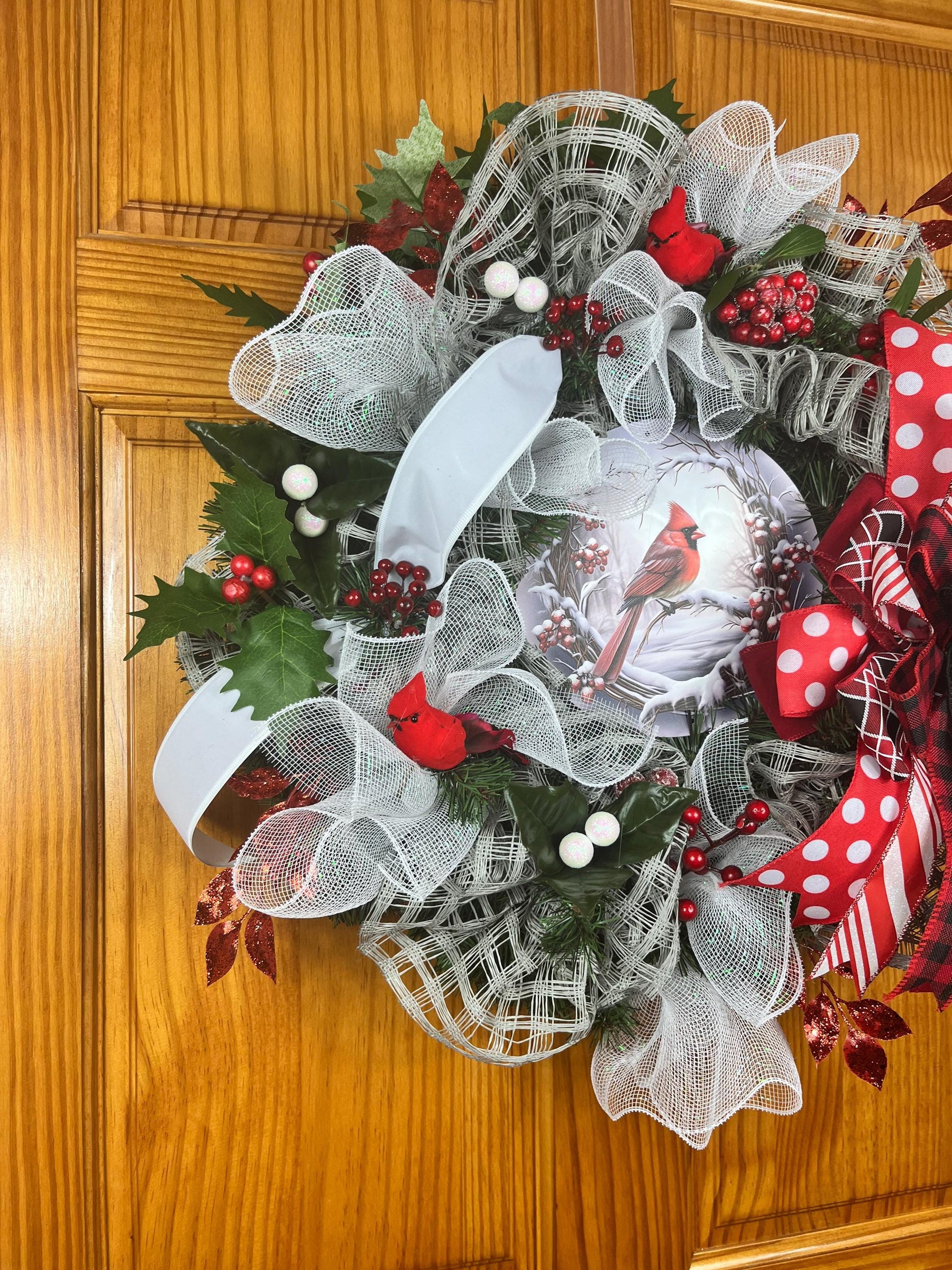 Cardinal Christmas Wreath | Red Plaid Winter Door Decor by Bouge Creations, view 4