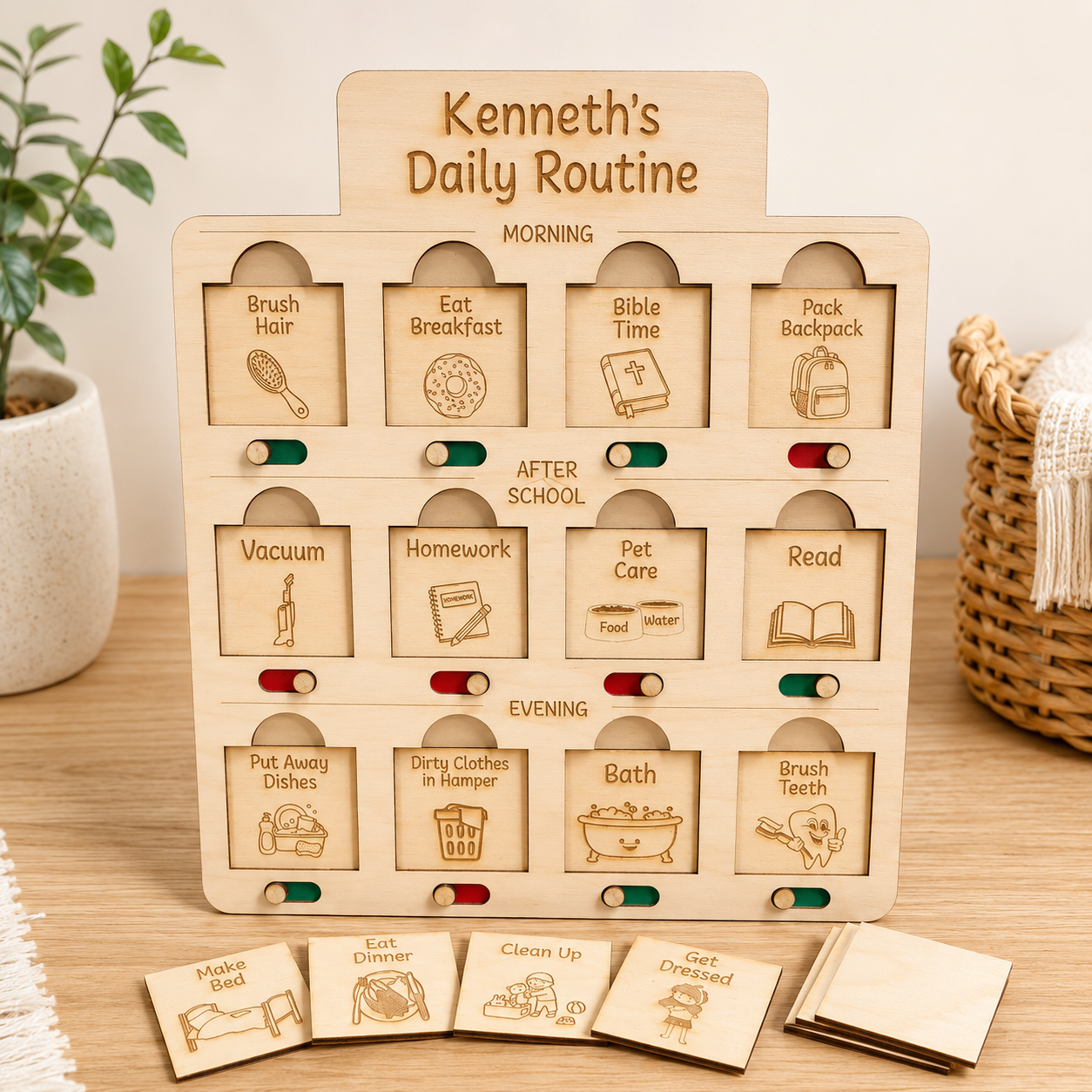 Personalized Wooden Routine Chart for Child with Chore Sliders and Interchangeable Task Cards