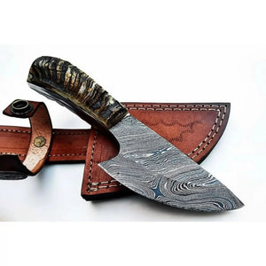 6 Inch Damascus Steel Skinner Knife with Ram Horn Handle and Leather Sheath by JW SteelCrafts, leather knife sheath main product photo
