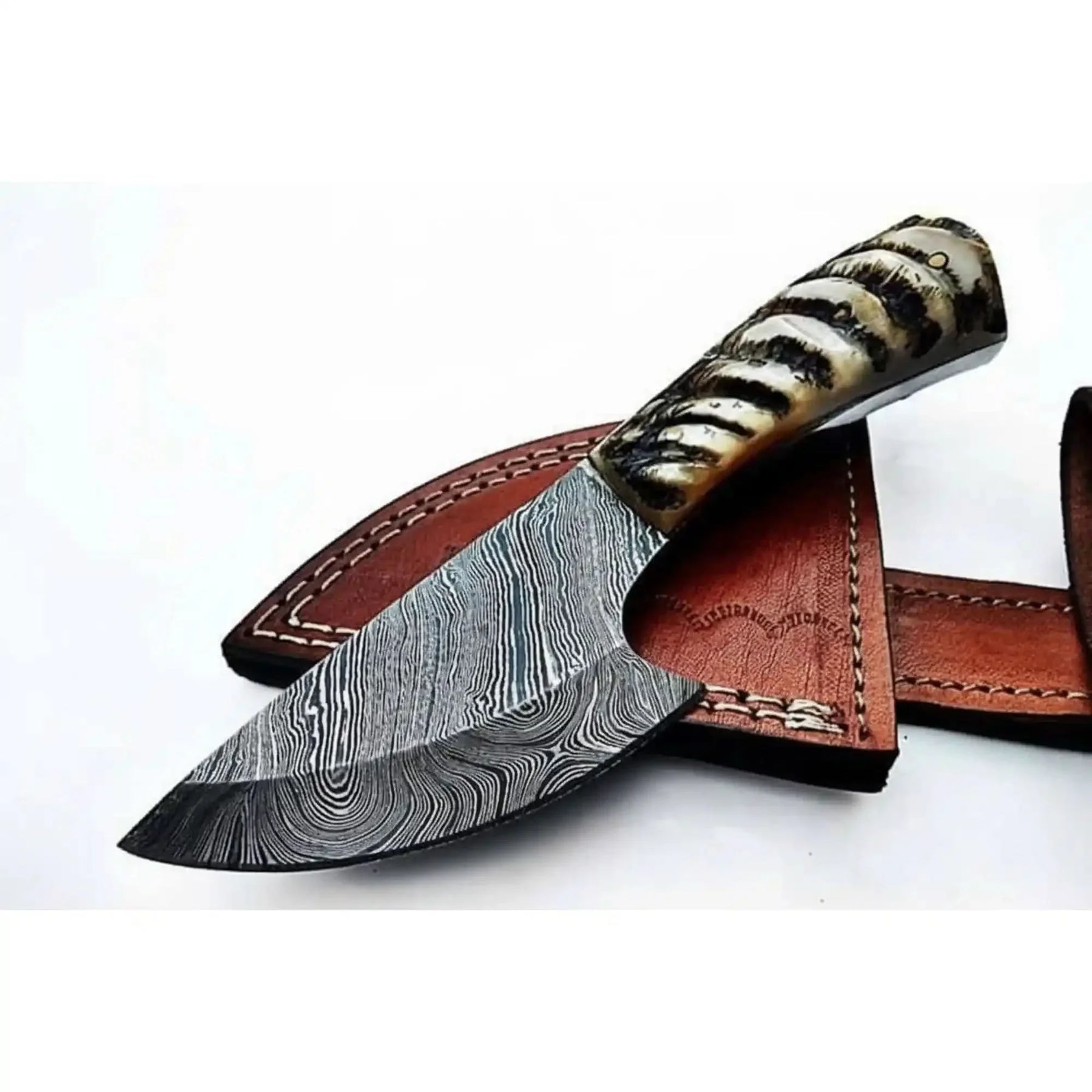 6 Inch Damascus Steel Skinner Knife with Ram Horn Handle and Leather Sheath detail view by JW SteelCrafts