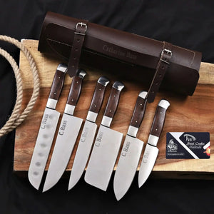 6-Piece High Carbon Steel Kitchen Knife Set with Leather Roll — Olive Wood Handles, Steel Bolsters, 7 to 12 Inc detail view
