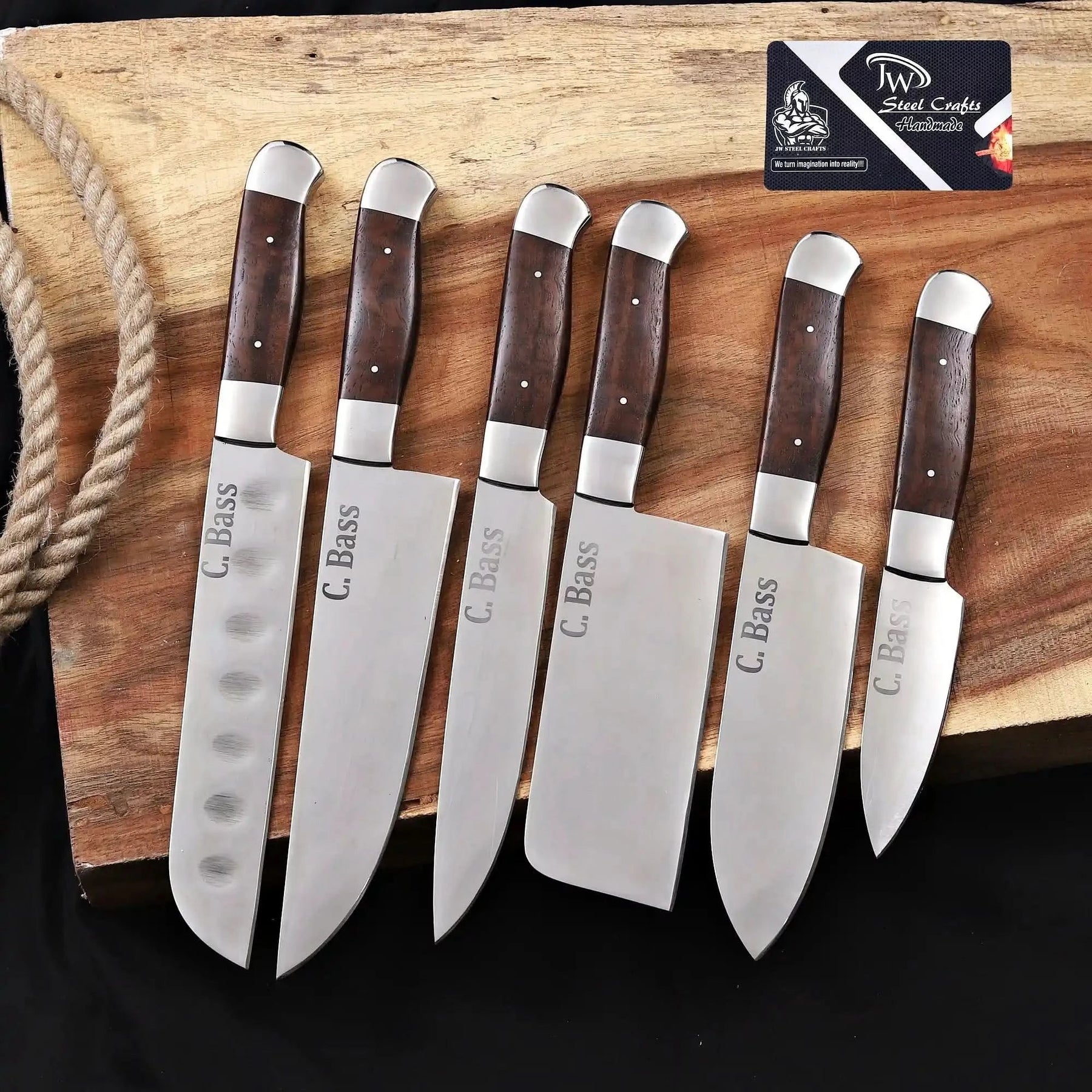 6-Piece High Carbon Steel Kitchen Knife Set with Leather Roll — Olive Wood Handles, Steel Bolsters, 7 to 12 Inc by JW SteelCrafts, Damascus knife main product photo