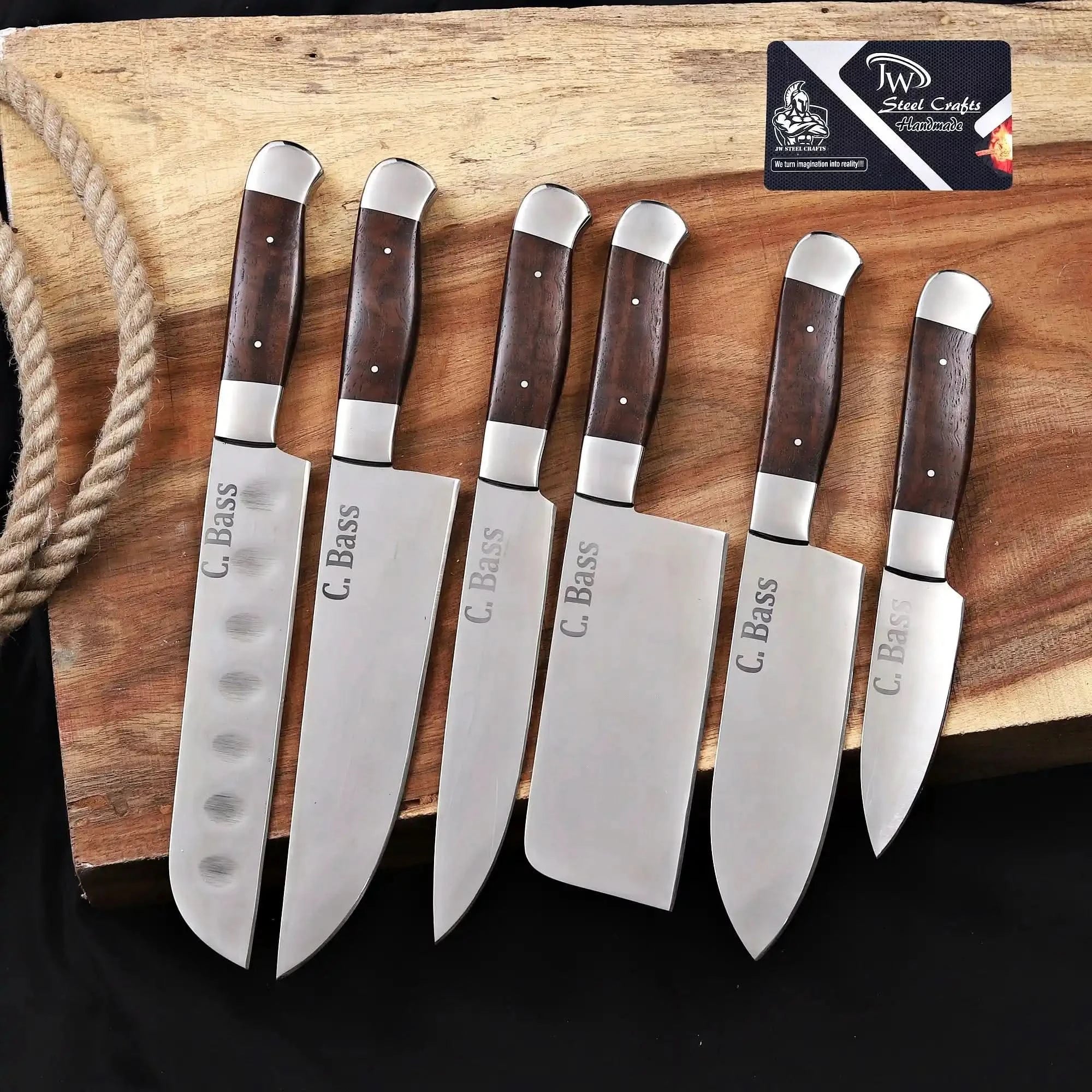 6-Piece High Carbon Steel Kitchen Knife Set with Leather Roll — Olive Wood Handles, Steel Bolsters, 7 to 12 Inc by JW SteelCrafts, Damascus knife main product photo