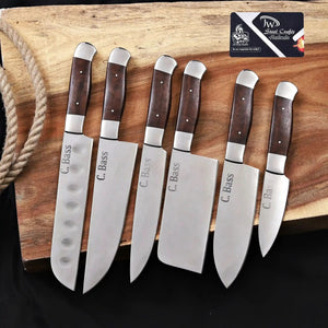 6-Piece High Carbon Steel Kitchen Knife Set with Leather Roll — Olive Wood Handles, Steel Bolsters, 7 to 12 Inc by JW SteelCrafts, Damascus knife main product photo