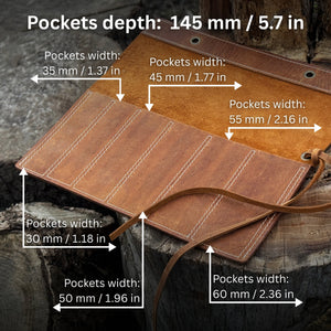 6 Pocket Leather Chisel Roll detail view by Sharky Forged Steel Tools