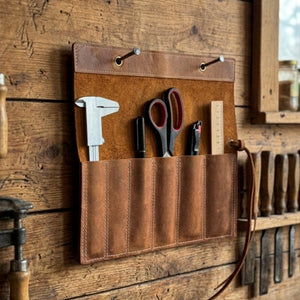 6 Pocket Leather Chisel Roll detail view by Sharky Forged Steel Tools