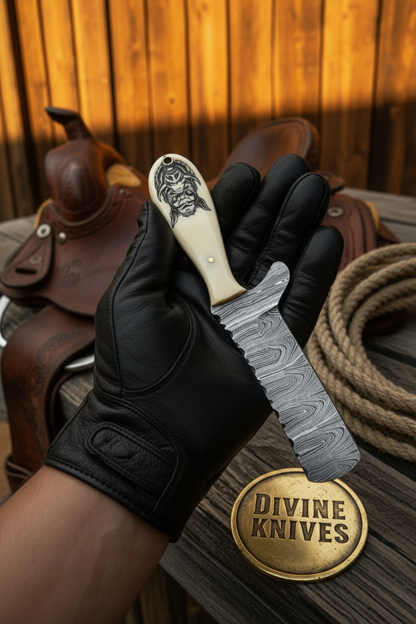 Scrimshaw Camel Bone Bull Cutter with Hand Engraved Bone Handle detail view by Divine Knives
